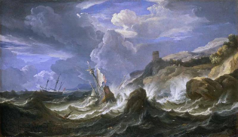 Pieter Meulener A ship wrecked in a storm off a rocky coast
